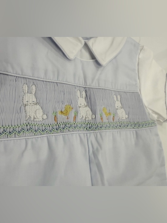 Petit Ami Baby Boys Light Blue Smocked Bunny Short Romper 24 Months Easter - Picture 2 of 6